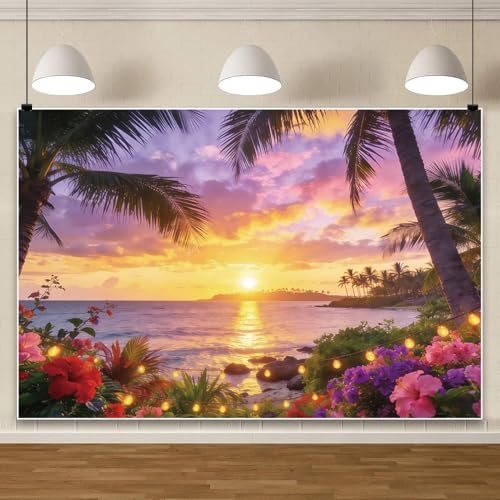 Summer Hawaii Beach Backdrop 10x8ft Tropical Luau Seaside Sunset Palm Flower Photography Background for Summer Holiday Travel Birthday Wedding Party Decoration Supplies Banner Photo Props