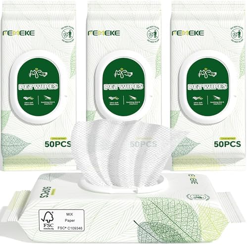 Unscented Dog Wipes & Cat Wipes (4x50 Packs) | Hypoallergenic, pH Balanced for Paws, Body, Eyes & Ears Grooming |All-Natural Plant Fiber Wipes with Aloe & Vitamin E | Pearl Texture