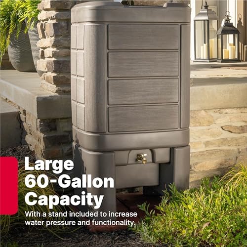 Step2 Lakewood Rain Barrel with Stand, Outdoor Water Conservation Container, Holds 60 Gallons, Brown