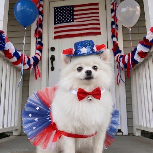 3 PCS Dog 4th of July Outfit, Cat Dog Costume Patriotic 4th of July with Tutu Skirt, Bowtie Collar and Hat Set, Independence Day Pet Accessories for Small Medium Dogs Cats