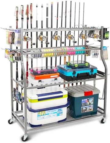 PeBro Fishing Pole Holders, Fishing Rod Holders for Garage, Fishing Rod Holder for Fishing Rod Tackle Box Reel Storage, All-In-One Fishing Rod Rack with Hooks and Wheels