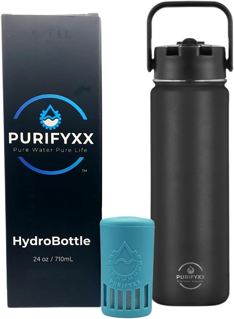 HydroBottle | Stainless Steel Filtered Water Bottle, 24 oz | BPA-Free, Removes Lead, Chlorine, Arsenic, VOCs | Filter Lasts 3 Months, Replaces 568 Plastic Bottles (Black)