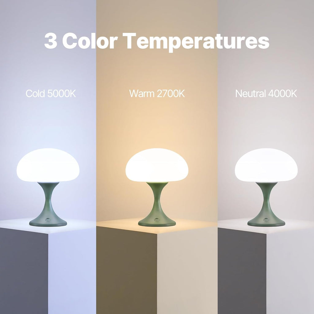 MAGCHARM Mushroom Lamp, 5W LED Cordless Rechargeable Table Lamp with Glass Shade, Small Retro Dimmable Touch Light with 3 Color Temps, Aesthetic Mid Century Bedside Light for Bedroom Ambient, Green