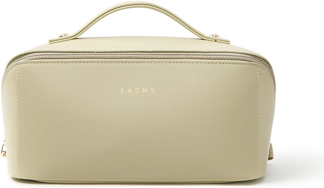 EACHY Travel Makeup Bag for Women, Flat Open Cosmetic Bag, Green, Medium