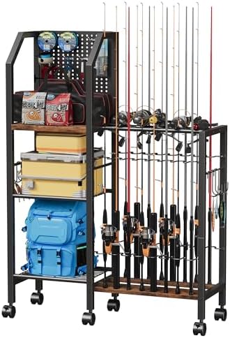 Fishing Rod Holders for Garage, Convenient Pegboard with 14 Long Utility Hooks, Fishing Rod Rack Up to 16 Rods, 3 Tier Fish Pole Stand with Fishing Reel Holders & 8 Hooks for Fishing Gear Accessories