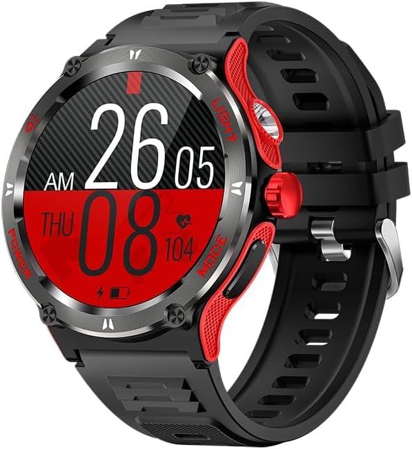 KT76 Outdoor Sport Smart Watch 1.53-inch HD Touch Screen 3ATM Waterproof Multifunction Smartwatch Ultra Powerful Flashlight Compass Heart & Health Monitoring Voice Assistant (Red)