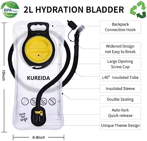 KUREIDA Hydration Bladder 2 Liter, BPA Free Water Bladder for Hiking Backpack Water Storage Bag with Insulated Tube, Hydration Backpack Replacement for Outdoor Camping Running Hiking