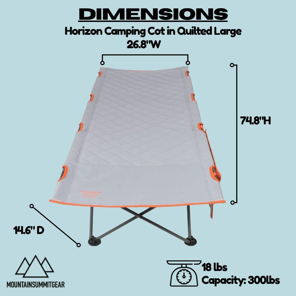 MOUNTAIN SUMMIT GEAR Horizon Camping Cot in Quilted Large or EZ Setup, 300 lb Capacity, Easy Fold Steel Frame with Carry Bag
