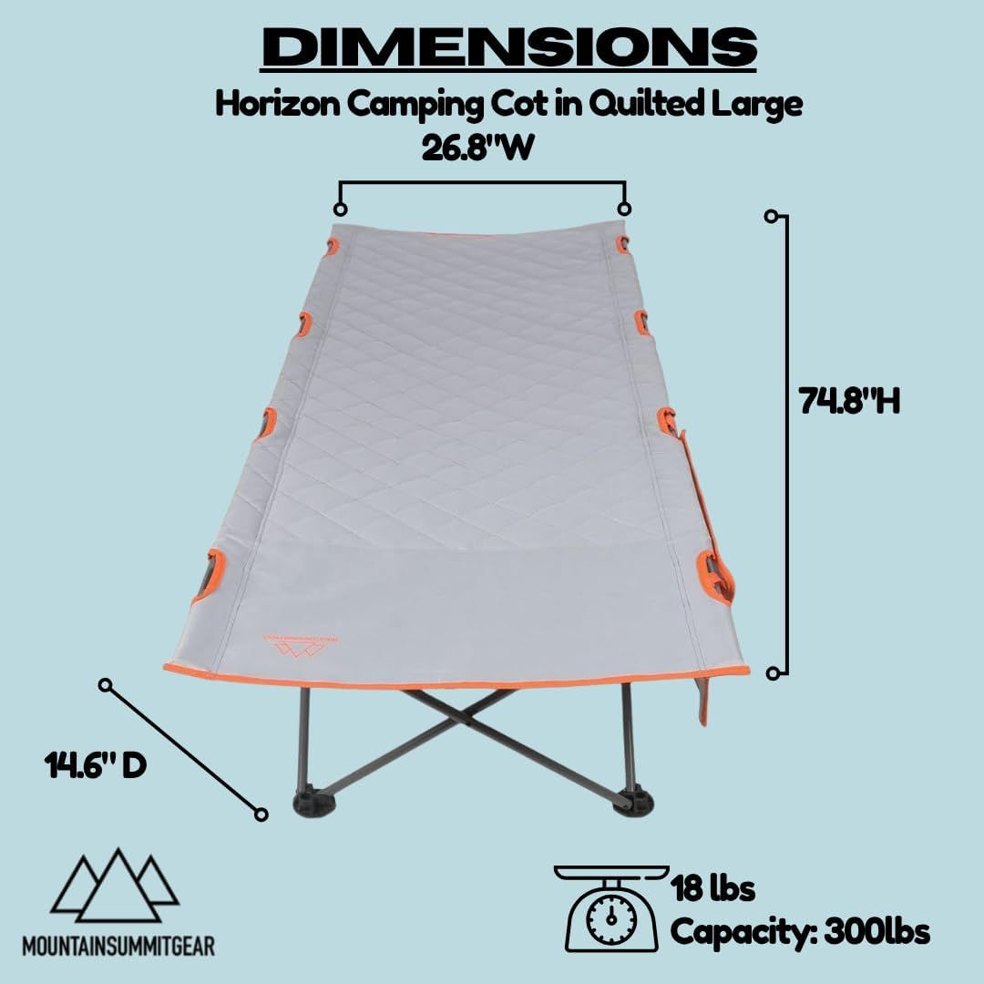 MOUNTAIN SUMMIT GEAR Horizon Camping Cot in Quilted Large or EZ Setup, 300 lb Capacity, Easy Fold Steel Frame with Carry Bag