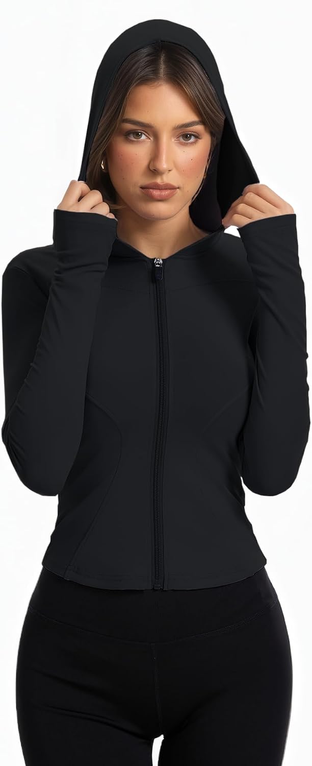 Women Bbl Jackets with Hood Compression Workout Tops Lined or Unlined Lightweight Yoga Gym Jacket with Thumb Hole