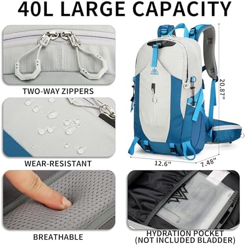 40L Hiking Backpack for Men and Women, Lightweight Waterproof Packable Camping Travel Daypack with Rain Cover (Dark Gray, 40 Liter)