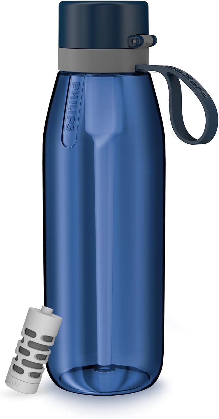PHILIPS Filtered Water Bottle, BPA-Free Tritan, Travel Portable 22oz Grey