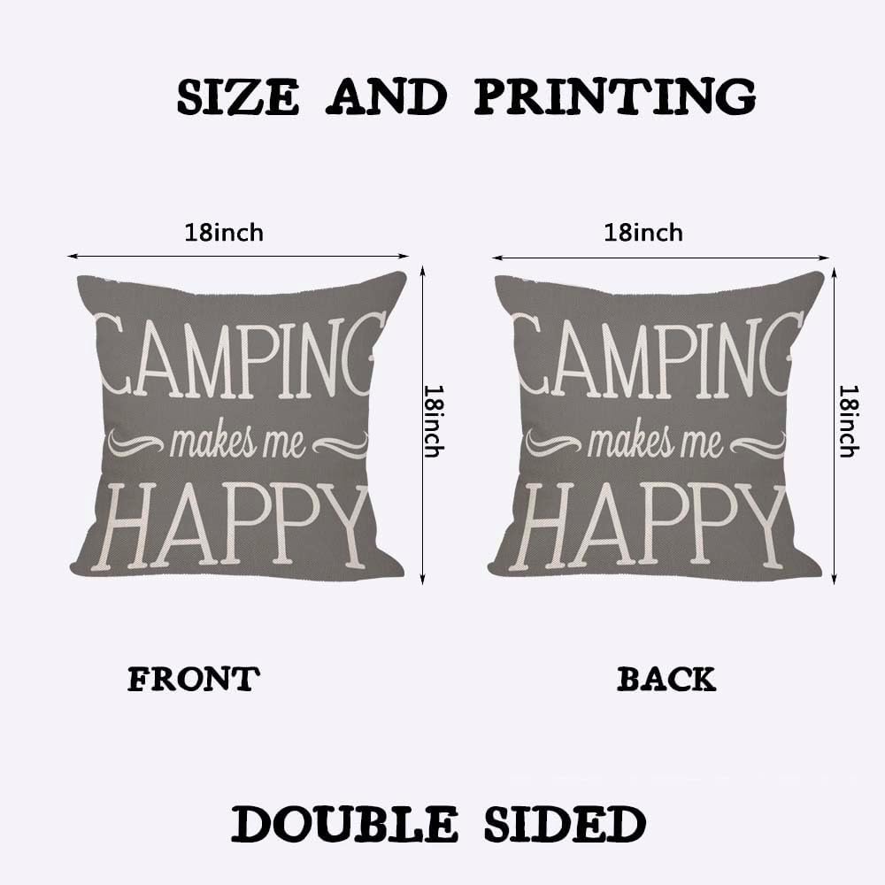 Camping Makes Me Happy Pillowcases Set of 2 18x18 Gray Background Throw Pillow Covers Pillow Cushion Case Polyester Linen for Sofa Couch Bedroom Living Room Car