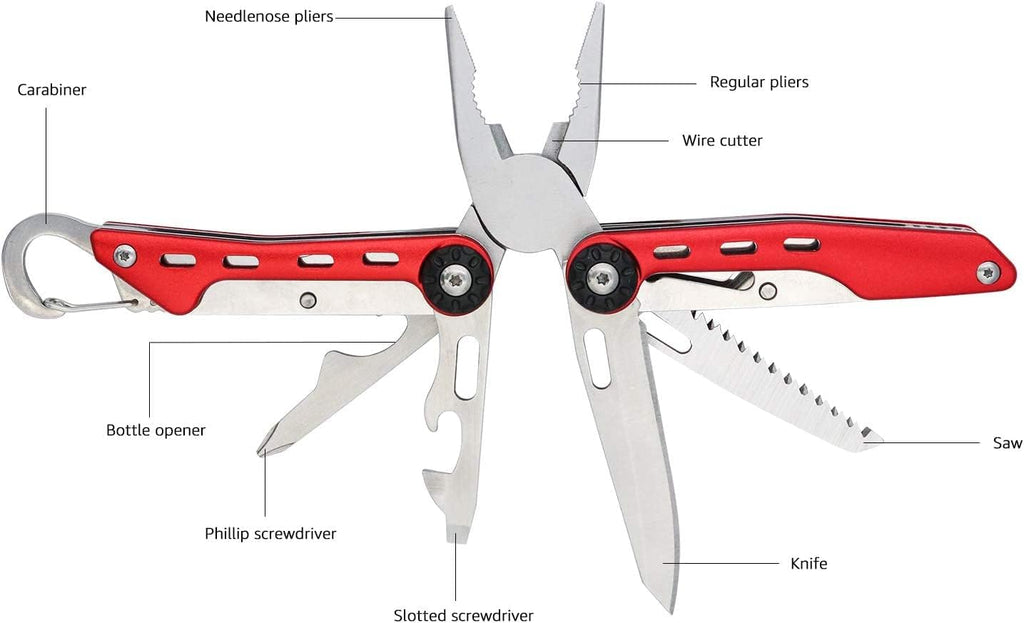 Amazon Basics 10-in-1 Stainless Steel Multitool for Hiking and Survival Gear with Needlenose Pliers, Wire Cutter, Saw, Safety Lock, Nylon Sheath, Red