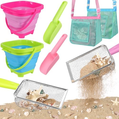 FHOZGECY 2 Pack Beachcombing Kit with Sifters for Beach Vacation Essentials | Collapsible Buckets, Stainless Mesh Sifters, Scoops and Mesh Bags for Shelling, Outdoor Exploration Play for Kids Ages 3-12