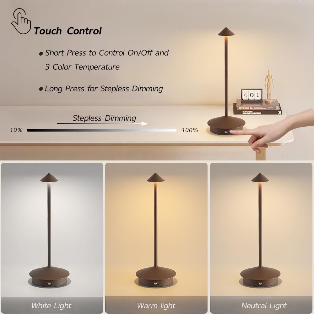 2 Pack Aluminum Cordless Table Lamp, 6000mAh Rechargeable Table Lamps, Portable Touch LED Lamp, Outdoor Waterproof Dimmable Cordless Rechargeable Table Lamps for Restaurant/Patio- (2Brown)