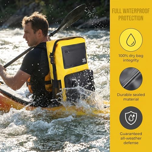 Greencity 100% Waterproof Roll-Top Dry Bag Backpack with Front Splash-Proof Pocket, Lightweight Floating Pack for Kayaking, Hiking & Travel,35L (Yellow-black)