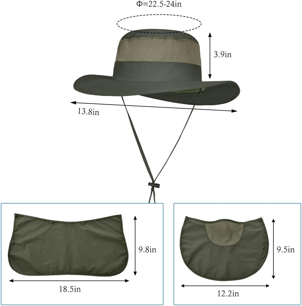 3 Pack Mens Outdoor Wide Brim Fishing Hat,UPF 50+ Sun Protection Cap with Face Neck Flap for Hiking & Garden