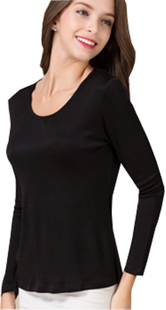 METWAY Women's Mulberry Silk T-Shirt Long Sleeve Pure Silk tee Shirt/Crew Neck Silk Blouse Undershirt