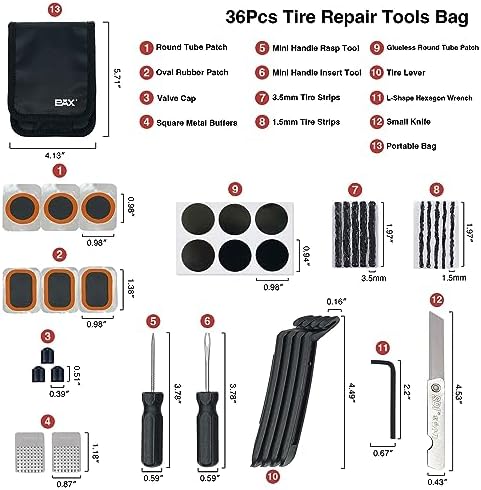 PAX 36Pcs Bike Tire Flat Repair Tool Kit Bag, Including Tube Patches, Tire Strip Plugs, Glueless Repair Kit, Nylon Tire Lever, Handle Tool, Valve Cap, and Metal Buffer, for Road, Mountain Bicycle