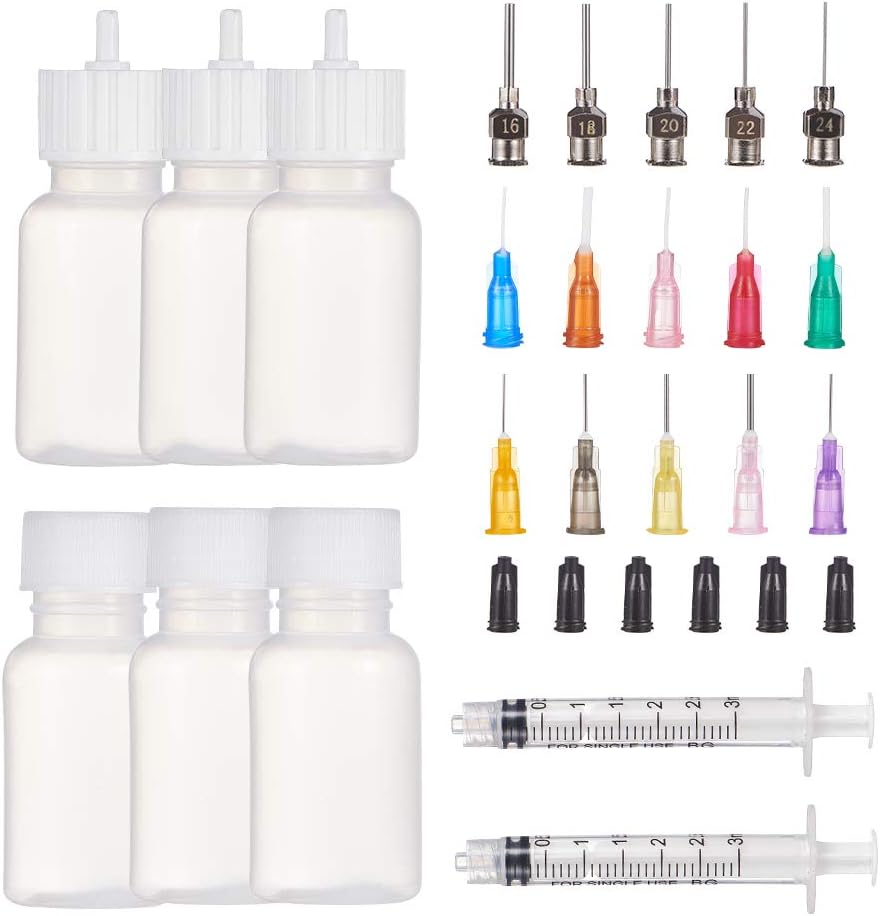 BENECREAT 6 Packs 1oz DIY Precision Tip Applicator Bottles 15PCS Stainless Steel PP Blunt Needle Tips, 6PCS Stoppers, 2PCS Syringe for Quiling Glue Work