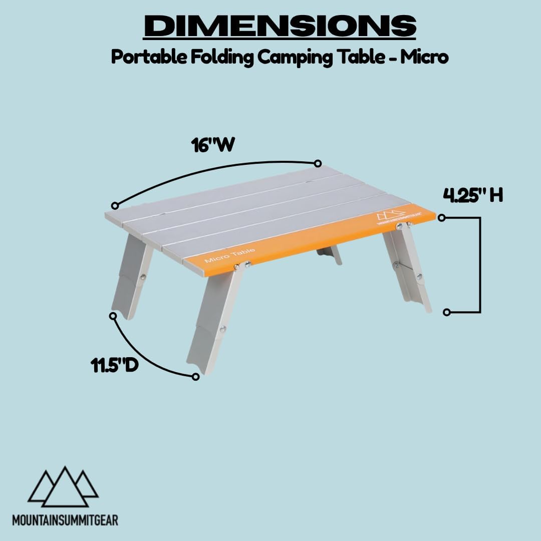 MOUNTAIN SUMMIT GEAR Portable Folding Camping Table 4 Sizes - Micro, Small, Standard & Large | Lightweight Aluminum Outdoor Camp Table for Camping, Picnic, Beach, Kitchen (Micro Table)