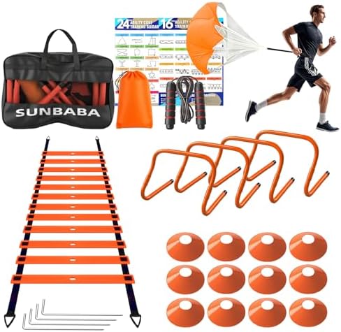 Sunbaba Agility Ladder Speed Training Equipment Set with 20ft Agility Ladder,4 Hurdles,12 Cones,Jump Rope,Running Parachute-Ideal Training Equipment for Youth Adults in Soccer Football Basketball