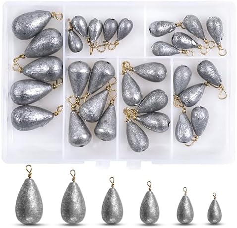 Fishing Weights Sinker Kit-30pcs Assorted Bass Casting Sinker Weights Bell Sinkers Drop Shot Weights with Brass Swivels for Saltwater Freshwater Fishing