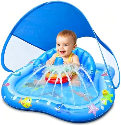 Baby Play Mat with Sprinkler, Pool Floats with Canopy for Age 6-36 Months | Inflatable Kiddie Pool with Backrest & Stackable Rings Water Sprinkler for Kids Outdoor Water Play Toys,Backyard Water Games