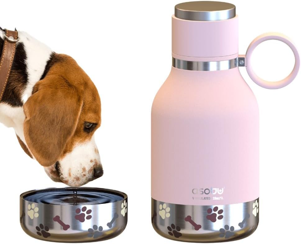 Asobu Buddy Bottle a Stainless Steel Insulated Water Bottle for with Removable Dog Water Bowl and Dog Food and Treat Storage Bowl (Burgundy, 37 Oz Water Bottle with Bowl)
