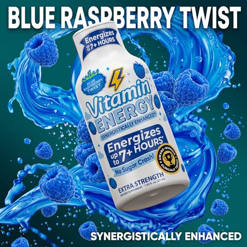 Vitamin Energy Blue Raspberry Twist Extra Strength Energy Shot, 24 Pack - Up to 7 Hrs, 260mg Natural Caffeine, Zero Sugar - Electrolytes + BCAAs, Hydration, B12 B6 Niacin, 1.93 fl oz, Keto Vegan