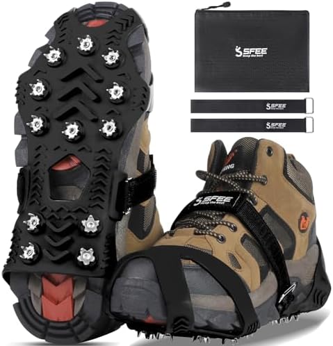 Sfee Crampons for Winter Boots, Upgraded Ice Cleats Stainless Steel Women Men Anti Slip Ice Traction Cleats Grips with Straps, Perfect for Hiking, Walking, Climbing, Ice Fishing