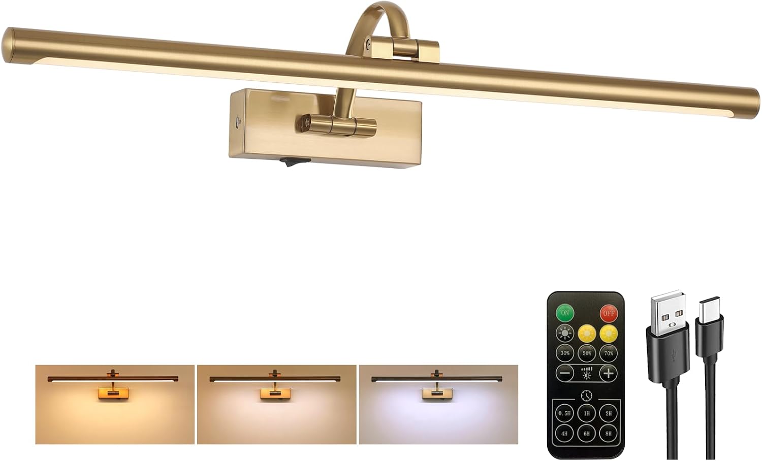 Tassuowell Rechargeable Picture Light with Remote Control,12 Inch Brass Finish Adjustable Wireless Art Lighting Fixture,Painting Lights with Timer,3 Color Temperature and Dimmable