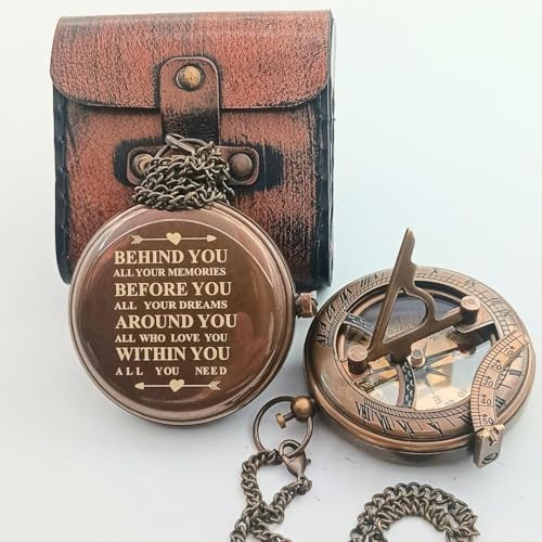 Behind You Engraved Brass Compass Gift for Men - Handcrafted Vintage Brass Sundial Compass – Antique Nautical Sun Clock with Leather Case - Best Graduation Gift - Best College Graduation Gift