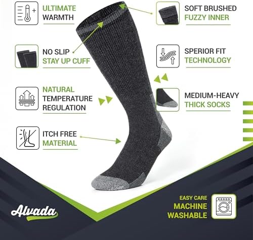Alvada Mens Merino Wool Crew Socks Thermal and Warm Socks for Winter Work Hiking Running 3 Pairs
