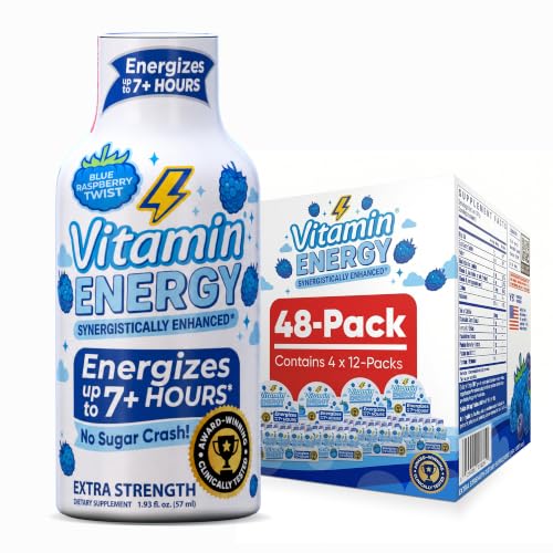 Vitamin Energy Blue Raspberry Twist Extra Strength Energy Shot, 48 Pack - Up to 7 Hrs, 260mg Natural Caffeine, Zero Sugar - Electrolytes + BCAAs, Hydration, B12 B6 Niacin, 1.93 fl oz, Keto Vegan