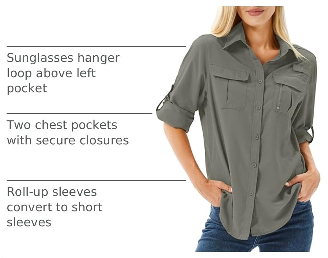 Women's UPF 50 Long Sleeve Sun Protection Safari Fish Hiking Shirts