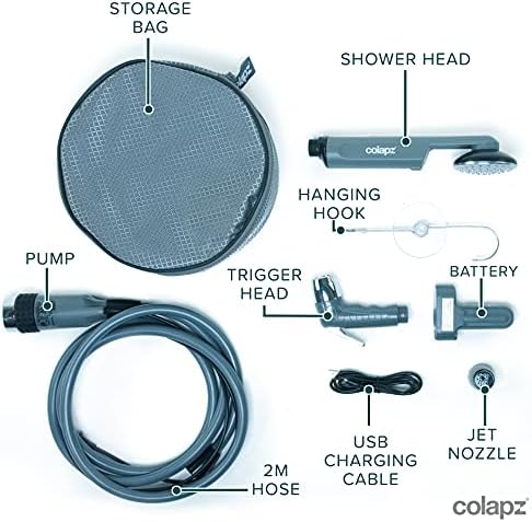 Colapz 12V Camping Shower Portable - High Pressure Outdoor USB Rechargeable Camping Shower - Kit with 9 Gallon Water Bag - Van Life RV Beach Hiking Dog Washing
