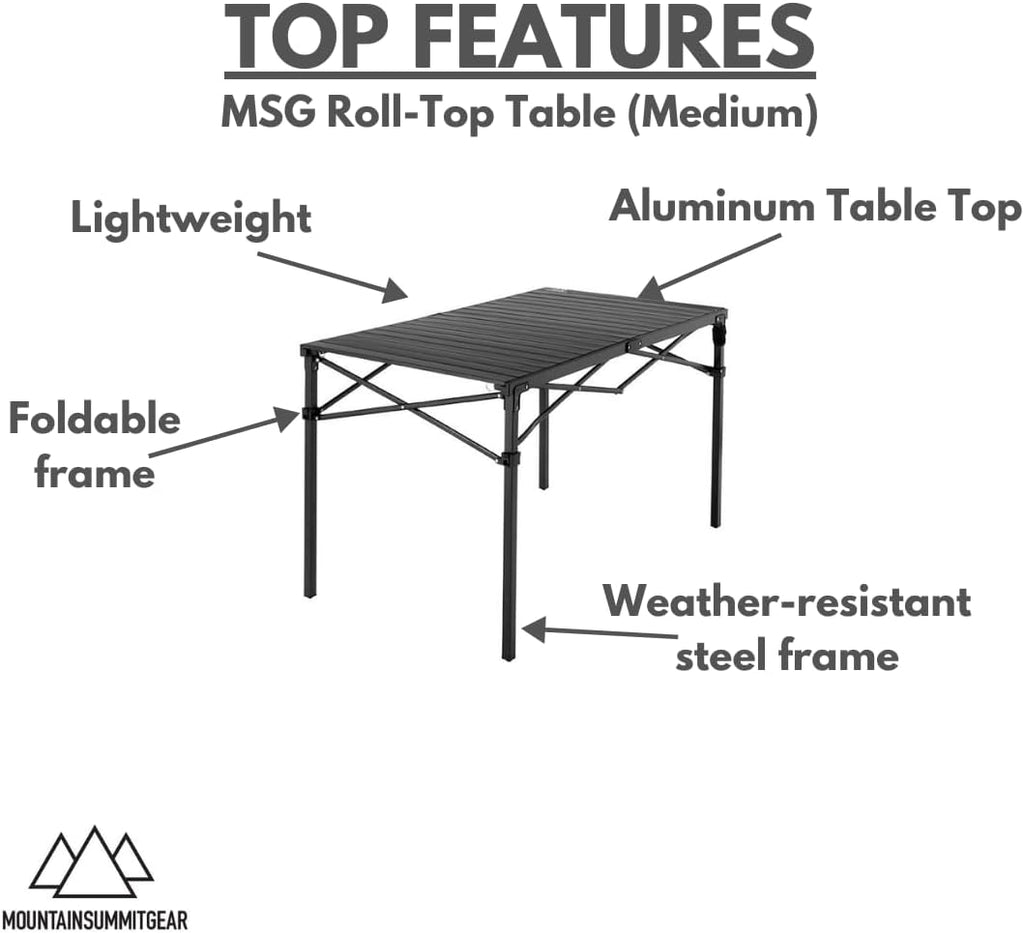 MOUNTAIN SUMMIT GEAR Heavy-Duty Roll-Top Table for Camping - Portable Aluminum-Top Folding Table with Steel Frame by Caddis Sports (Medium)