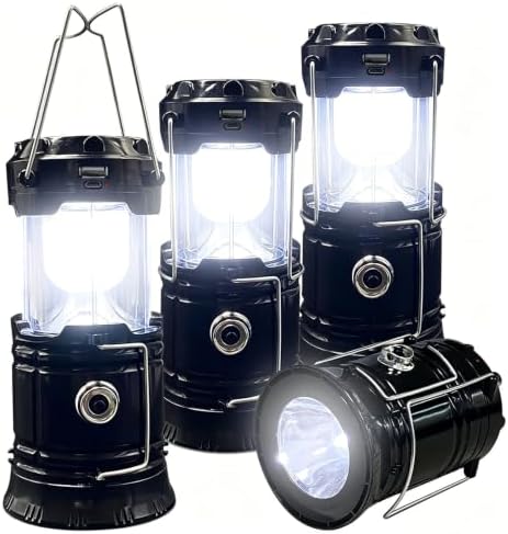 Collapsible Portable LED Camping Lantern XTAUTO Lightweight Waterproof Solar USB Rechargeable LED Flashlight Survival Kits for Indoor Outdoor Home Emergency Light Power Outages Hiking Hurricane 4-Pack