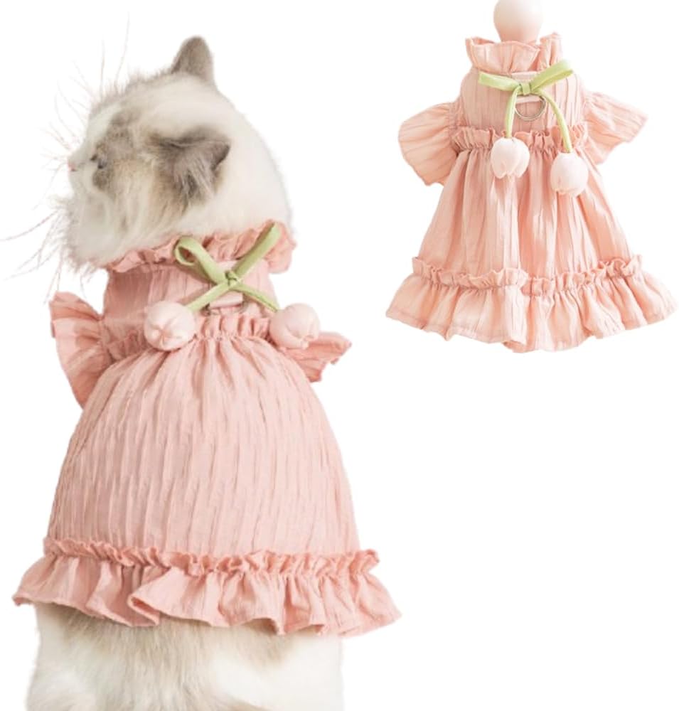 Pink Dog Dress for Small Dog Girl Spring Puppy Clothes with Bow Puff Sleeves Cat Outfit Doggy Princess with Leash Ring Doggies Harness Dress Summer Pet Apparel (Pink, Large)