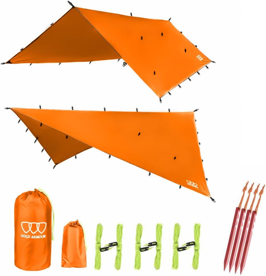 Gold Armour Rainfly Tarp Hammock, Premium 14.7ft/12ft/10ft/8ft Rain Fly Cover, Waterproof Ultralight Camping Shelter Canopy, Survival Equipment Gear Camping Tent Accessories (OD Green 12ft x 10ft)