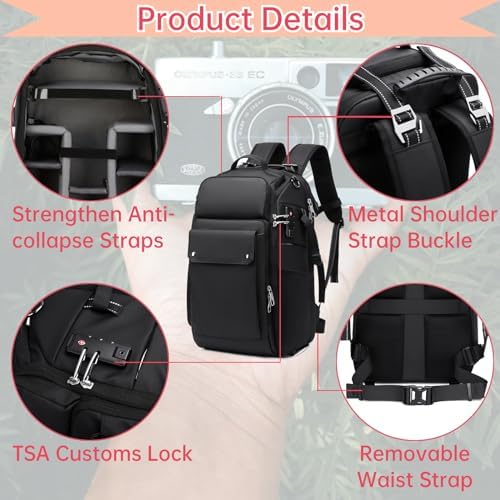 Camera Backpack Large, Waterproof Camera Bag for Mirrorless and DSLR with TSA Lock,Quick Access,17-Inch Laptop Compartment, Adjustable Straps - Fits Camera Stabilizer,Drone, Black