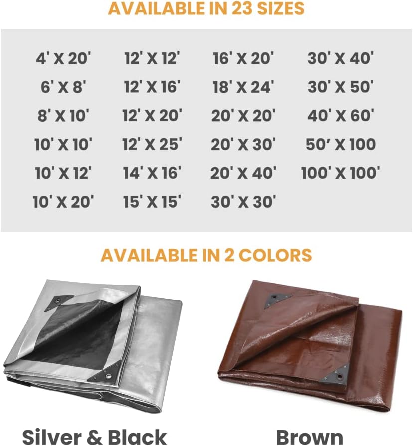 WHITEDUCK Super Heavy Duty Poly Tarp Cover 16 Mil with Grommets and Reinforced Edges (Brown- 16 Mil, 4' x 20')