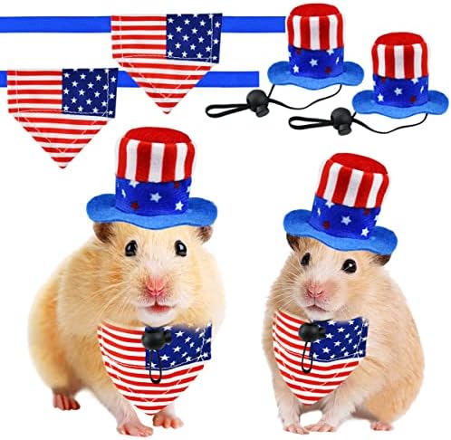 4 Pcs Pet Independence Day Costume 4th of July Guinea Pig Hat and Bandana Uncle Sam Rabbit Hat American Flag Small Animals Hat Bandana Triangle Bib Scarf with Stars and Stripes Pattern (S)