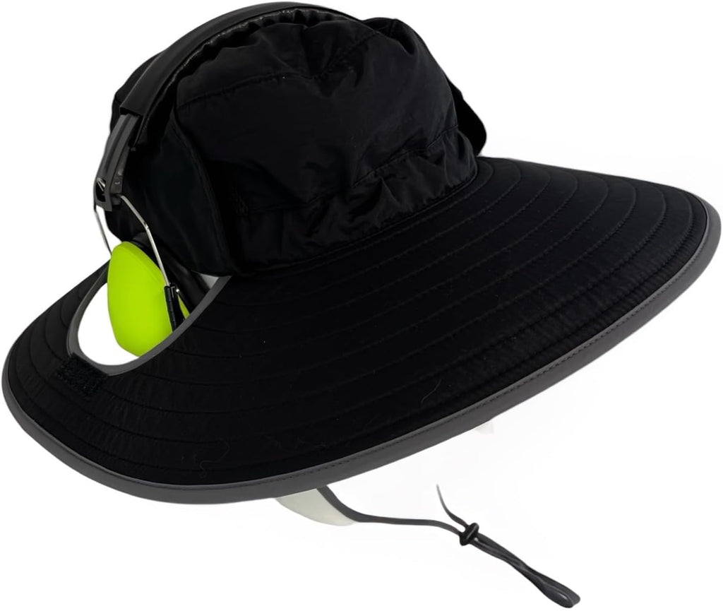 SPF 50+ Bucket Hat Compatible with Ear Protection Headphones – Sun Protection Hat for Lawn Mowing, Construction, Yard Work