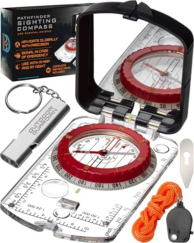 Pathfinder Sighting Compass - Precise Navigation, Hiking and Orienteering Mirror Compass with Luminous Bezel, Adjustable Declination, Clinometer, LED and Survival Whistle, Scout Gifts