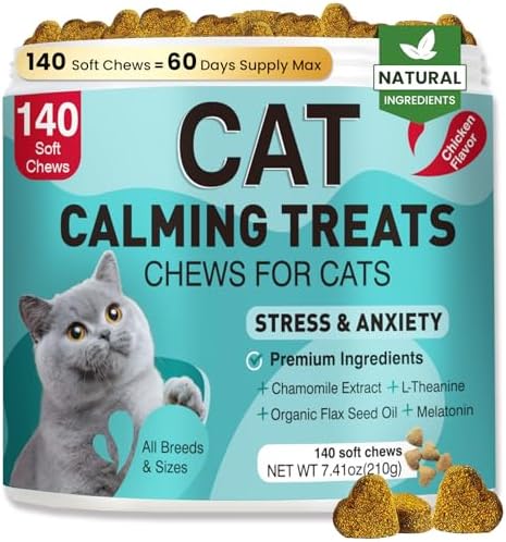 Cat Calming Treats, 140 Soft Chews to Relieve Anxiety, Stress & Prevent Bites, Perfect for Travel & Veterinary Visits, Soothing Calming Care for Indoor Cats Chicken Flavor 7.41 OZ