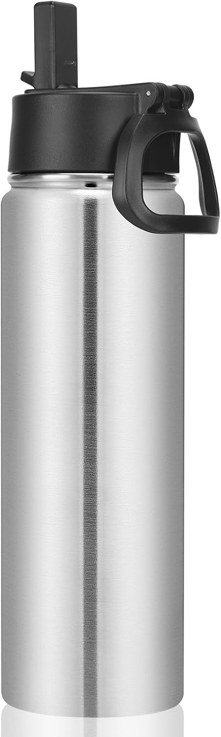 Neihepal 22 oz Insulated Water Bottle with Straw Lid, Double Walled Vacuum Stainless Steel Water Bottles Leak Proof, Wide Mouth (Silver,1 Pack)