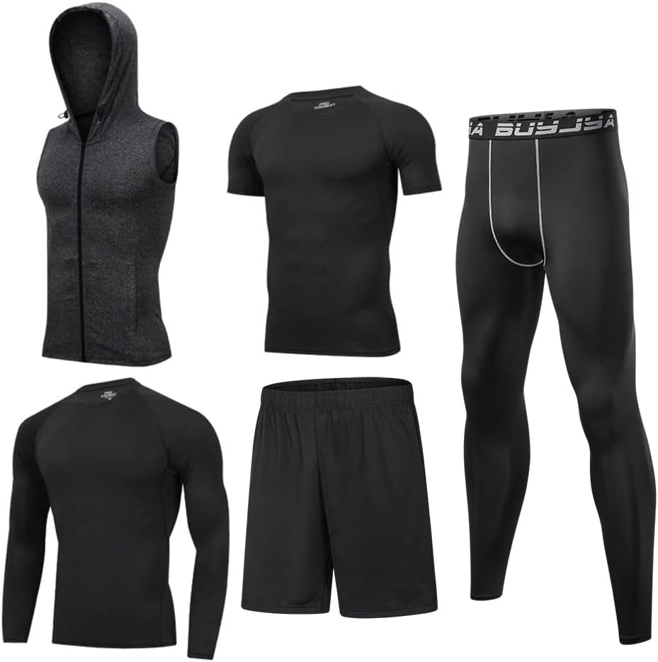 BUYJYA 5Pcs Men's Compression Pants Shirt Top Long Sleeve Jacket Athletic Sets Gym Clothing Mens Workout